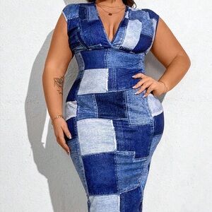 SHEIN Plus Size Denim Patchwork Bodycon Dress